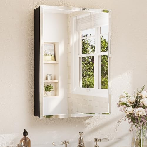TETOTE Badezimmerspiegel mit Stauraum mit gehärtetem abgeschrägtem Spiegel, schwarz, Medizinschrank, Aluminiumschrank, DTC-Scharniere, stufenlos verstellbare Regale, versenkt/oberflächenmontiert, 20 x TETOTE Badezimmerspiegel mit Stauraum mit gehärtetem abgeschrägtem Spiegel, schwarz, Medizinschrank, Aluminiumschrank, DTC-Scharniere, stufenlos verstellbare Regale, versenkt/oberflächenmontiert, 20 x von TETOTE