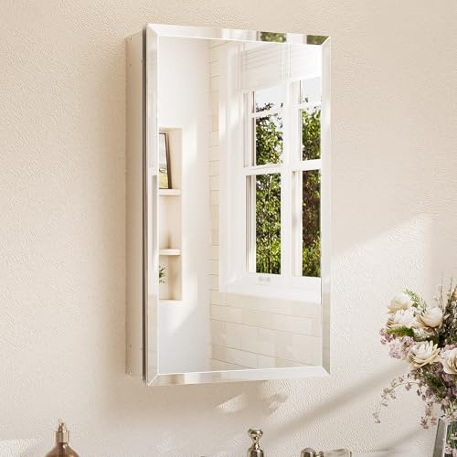 TETOTE Badezimmerspiegel mit Stauraum mit gehärtetem abgeschrägtem Spiegel, silberfarben, Medizinschrank, Aluminiumschrank, DTC-Scharniere, stufenlos verstellbare Regale, versenkt/oberflächenmontiert von TETOTE