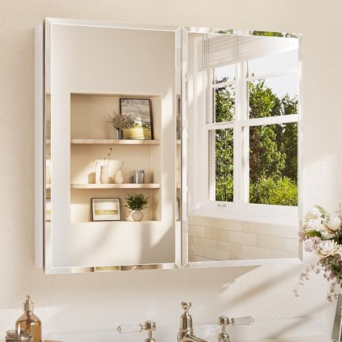 TETOTE Badezimmerspiegel mit Stauraum mit gehärtetem abgeschrägtem Spiegel, silberfarben, Medizinschrank, Aluminiumschrank, DTC-Scharniere, stufenlose verstellbare Regale, versenkt/Aufputzmontage, 30 TETOTE Badezimmerspiegel mit Stauraum mit gehärtetem abgeschrägtem Spiegel, silberfarben, Medizinschrank, Aluminiumschrank, DTC-Scharniere, stufenlose verstellbare Regale, versenkt/Aufputzmontage, 30 von TETOTE