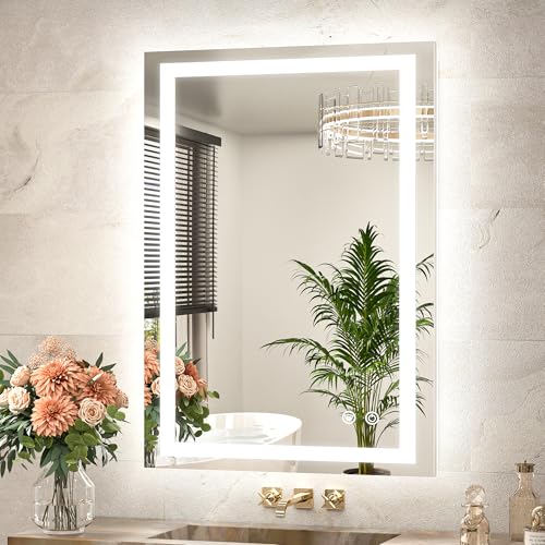 TETOTE Badspiegel mit Beleuchtung 60x90cm, Badezimmerspiegel Beleuchtet Beschlagfrei Badezimmer Wandspiegel Ohne Rahmen Bad Spiegel mit Led Touch-Schalter, 3 Lichtfarben Dimmbar Speicherfunktion von TETOTE