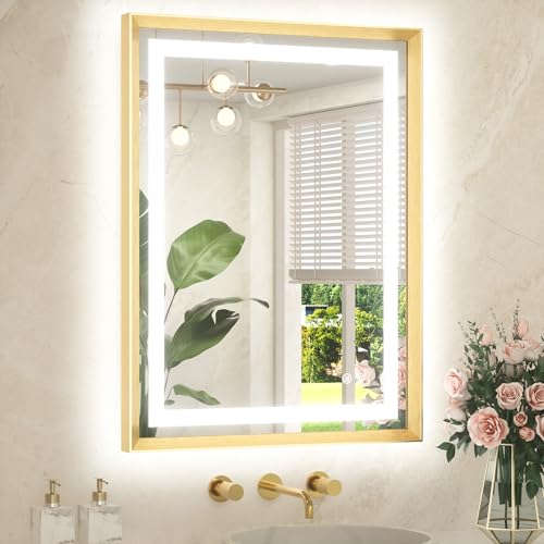TETOTE Badspiegel mit Beleuchtung Gold Metallrahmen 60x80cm, Badezimmerspiegel Beleuchtet Beschlagfrei Wandspiegel Led Bad Spiegel mit Touch-Schalter, 3 Lichtfarben Dimmbar Speicherfunktion von TETOTE