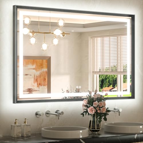 TETOTE Badspiegel mit Beleuchtung Schwarz Metallrahmen 120x80cm, Badezimmerspiegel Beleuchtet Beschlagfrei Wandspiegel Led Bad Spiegel mit Touch-Schalter, 3 Lichtfarben Dimmbar Speicherfunktion von TETOTE