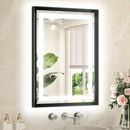 TETOTE Badspiegel mit Beleuchtung Schwarz Metallrahmen 50x70cm, Badezimmerspiegel Beleuchtet Beschlagfrei Wandspiegel Led Bad Spiegel mit Touch-Schalter, 3 Lichtfarben Dimmbar Speicherfunktion von TETOTE