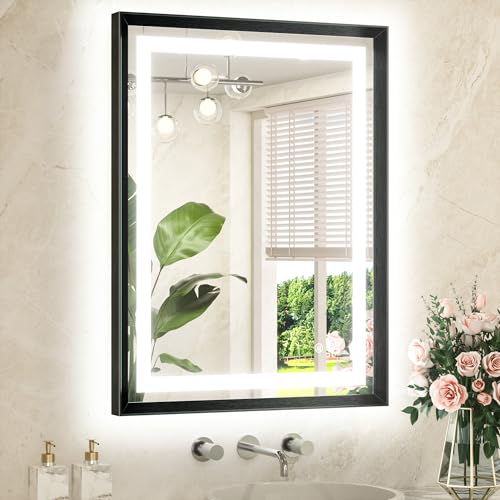 TETOTE Badspiegel mit Beleuchtung Schwarz Metallrahmen 60x80cm, Badezimmerspiegel Beleuchtet Beschlagfrei Wandspiegel Led Bad Spiegel mit Touch-Schalter, 3 Lichtfarben Dimmbar Speicherfunktion von TETOTE