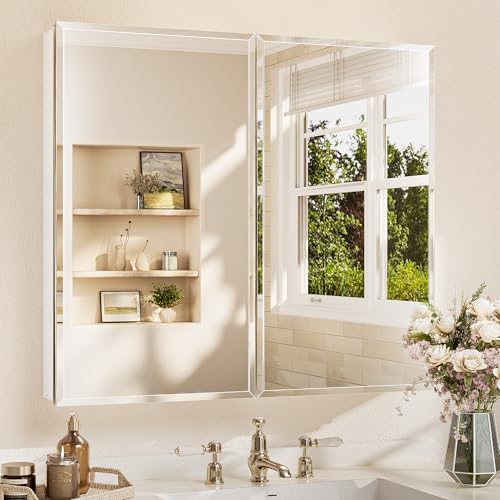 TETOTE Medikamentenschrank mit gehärtetem abgeschrägtem Spiegel, weiß, Badezimmer-Spiegelschrank, Aluminiumschrank, DTC-Scharniere, stufenlos verstellbare Ablagen, versenkt/Aufputzmontage, 36 x 32 cm TETOTE Medikamentenschrank mit gehärtetem abgeschrägtem Spiegel, weiß, Badezimmer-Spiegelschrank, Aluminiumschrank, DTC-Scharniere, stufenlos verstellbare Ablagen, versenkt/Aufputzmontage, 36 x 32 cm von TETOTE