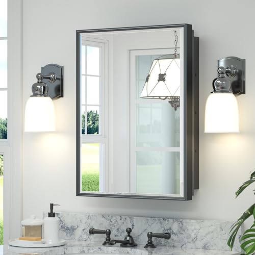 TETOTE Medizinschrank mit Spiegel für Badezimmer, schwarz, gerahmt, 43,2 x 61 cm, Aluminiumrahmen, Oberfläche oder versenkte Wandmontage, abgeschrägter Spiegel mit Stauraum, 1 Tür, modernes Bauernhaus von TETOTE