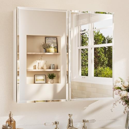 TETOTE Medizinschrank mit gehärtetem abgeschrägtem Spiegel, weiß, Kosmetikspiegel mit Aufbewahrungsschrank, DTC-Scharnieren, stufenlos verstellbare Regale, versenkt/oberflächenmontiert, 30 x 26 cm von TETOTE