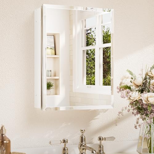 TETOTE Medizinschrank mit gehärtetem abgeschrägtem Spiegel, weißer Badezimmerspiegel mit Aufbewahrungsschrank, DTC-Scharnieren, stufenlos verstellbare Regale, versenkt/oberflächenmontiert, 35,6 x 45,7 von TETOTE