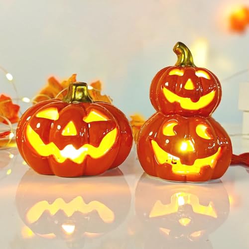 2 Stück Herbstdeko Kürbis | 100% Keramikprodukte | Halloween Kürbis Mit Gesicht, Laterne Mit Warmweißen LED Lichtern Für Herbst, Halloween 2 Stück Herbstdeko Kürbis | 100% Keramikprodukte | Halloween Kürbis Mit Gesicht, Laterne Mit Warmweißen LED Lichtern Für Herbst, Halloween von TETSMG