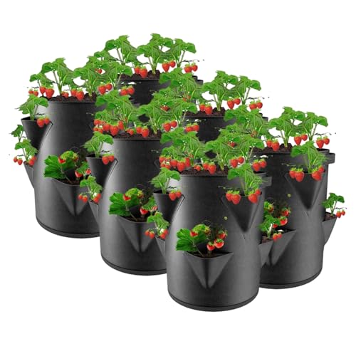 Erdbeerturm zum Pflanzen, Erdbeer Pflanzturm Pflanzsack aus Filz mit 8 Seitlichen Pflanztaschen, 10 Gallonen Pflanzsäcke für Erdbeeren Pflanzen, Atmungsaktiv Pflanzenturm für Innen Außen Balkon (6) von TETSMG