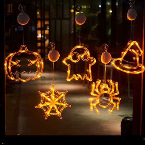 Halloween Deko Fenster Lichter, 5 Stück Halloween Kürbis Spinnennetz Spinne Geist Hexenhut Lichterkette, Batteriebetriebene, Horror Fensterlichter für Halloweendeko Party Fenster Wand Dekoration von TETSMG