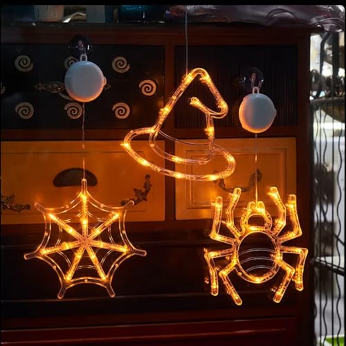 Halloween Deko Fenster Lichter mit Saugnapf, 3 Stück Halloween Spinnennetz Spinne Hexenhut Lichterkette, Batteriebetriebene, Horror Fensterlichter für Halloweendeko Party Fenster Wand Dekoration von TETSMG