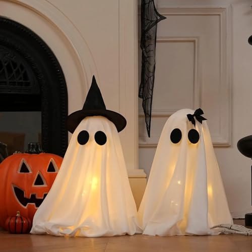 Halloween Deko Geister mit Lichterkette, 2 Stück Leuchtend Geister Deko mit Hexenhut, Süßes Hexe Ghosts Lichter mit Base für Halloween Deko Innen Außen Party Terrasse Veranda Tisch & Kamin (C) von TETSMG