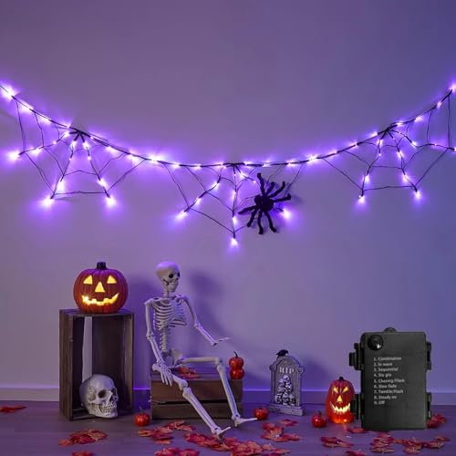Halloween Lichterkette,180cm 60 LED Halloween Deko Spinnennetz Lichterkette Batterie, Wasserdicht Halloweendeko Beleuchtung Horror Lichterketten für Party Wand Innen Outdoor (Lila) von TETSMG
