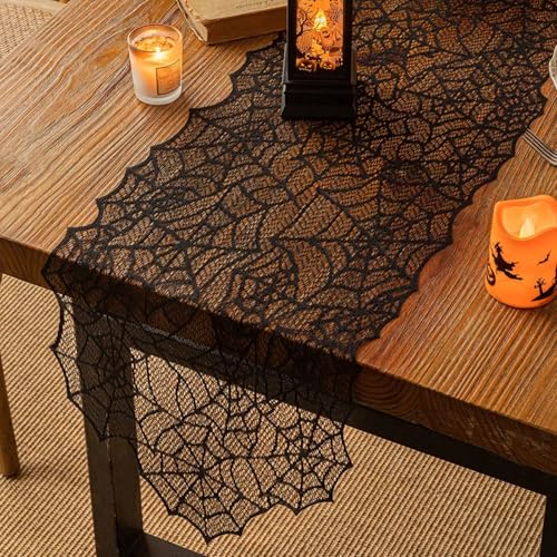 Halloween Tischläufer 33x183 cm, Halloween Deko Innen Aesthetic Spinnennetz Tischdecke Tischdeko, Spinnennetz Tischläufer für Halloween-deko Küche Tisch Dekoration Urlaub Party Deko (Schwarz) von TETSMG