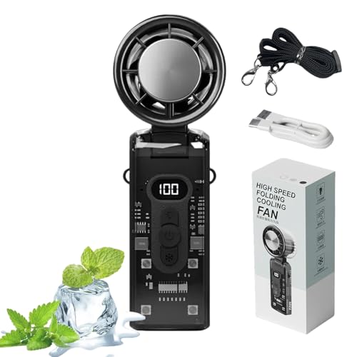 Handventilator mit Wasserkühlung, Faltbar Mini Ventilator mit Wasserkühlung, 100 Stufiger Turbo-Lüfter, LED-Beleuchtung, 3600mAh Akku Wiederaufladbarer Handventilator für Reisen Büro Zuhause (Schwarz) von TETSMG