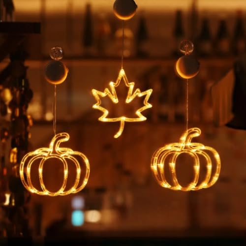 Herbstdeko Fenster Lichter mit Saugnapf, 3er-Pack Halloween Deko LED Kürbis Licht, Batteriebetriebene, Fall Decor Leuchtende Kürbisse für Herbst Dekoration, Hängende Fensterdeko mit Timer (Herbst 02) von TETSMG