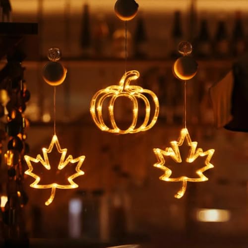 Herbstdeko Fenster Lichter mit Saugnapf, 3er-Pack Halloween Deko LED Kürbis Licht, Batteriebetriebene, Fall Decor Leuchtende Kürbisse für Herbst Dekoration, Hängende Fensterdeko mit Timer (Herbst 03) von TETSMG