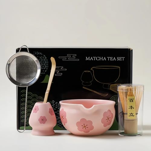 Matcha Set Rosa, 5 Stück Matcha Tea Set mit Sieb, Matchabesen, Matcha Löffel, Matcha Schale und Matcha-Besenständer, Matcha Tee Set japanisches Tee-Set, Natürliches Matcha-Set (5, Rosa Blume A) von TETSMG