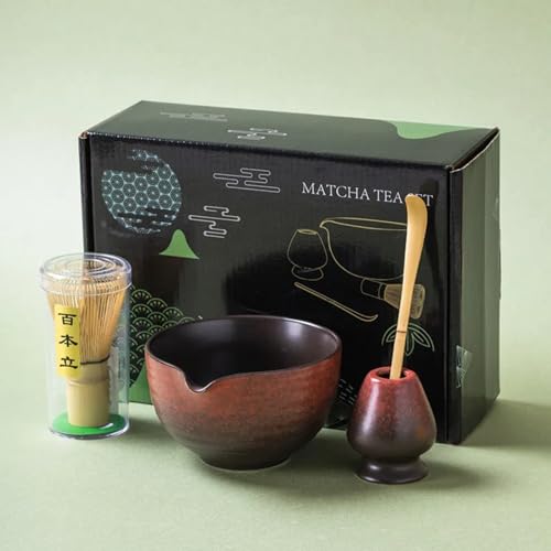 Matcha Set Schwarz, Matcha Tea Set mit Sieb, Matcha Schale, Matcha Besen, Löffel, Traditionelle Aesthetic Matcha Tee Set für Geschenk, Matcha Starter Set für Matcha Latte, Matcha Zubehör (4, Rot) von TETSMG