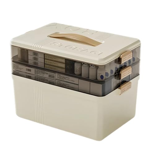 Medikamenten Aufbewahrung, 3 Schicht Medikamentenbox Groß, Hausapotheke Box mit Henkel, Medikamenten Organizer, Erste Hilfe Kasten, Tragbare Große Kapazität Medizinbox für Haushalt und Reisen (Creme) von TETSMG
