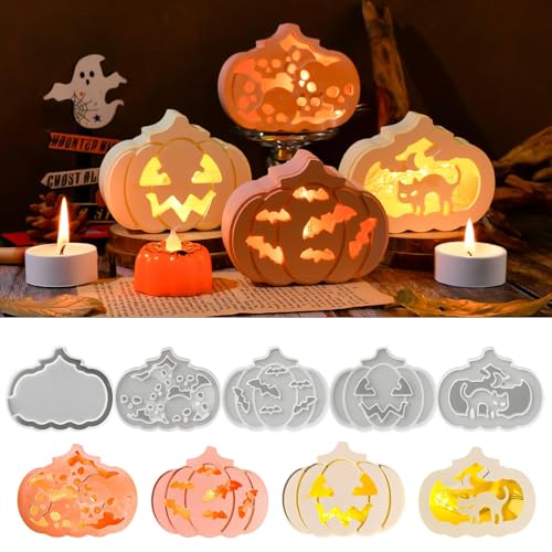 Silikonformen Gießformen Halloween, Gothic Deko Gießformen Silikon Silikonform Kerzenhalter Gießform mit Ghost und Spinnennetz Muster, Giessformen Silikon für DIY Halloween Deko (Kürbis 02) von TETSMG