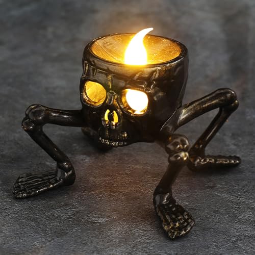 TETSMG Halloween Deko Skelett LED Kerzen, Halloween Elektrische Teelichter Batteriebetrieben, Gruselig Led Kerzen Schwarz, Halloween LED Beleuchtung für Halloween Dekoration Party Deko (Totenkopf) von TETSMG