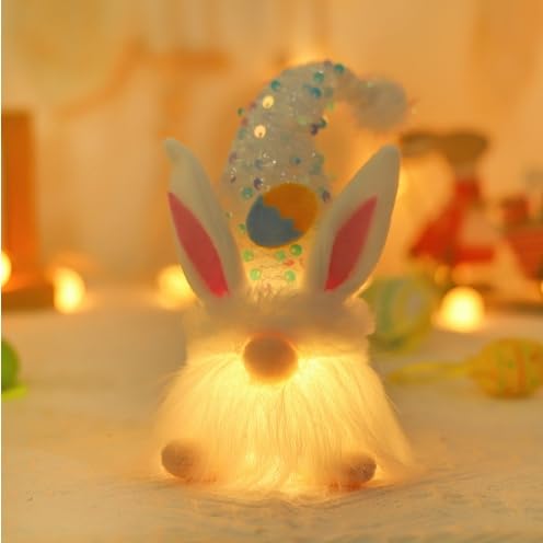 TETSMG Osterdeko Wichtel Figuren Frühlingdeko, Beleuchteter Wichtel Ostern Mit Led, Osterwichtel Hase Beige Mit Eier, Wichtel Zwerg Puppen Tisch Dekoration Ostern Frühling Weihnachten Geschenke von TETSMG