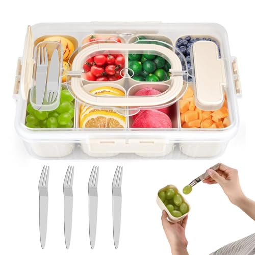 Snackbox mit 8 Fächern, Snackdose mit Fächern Kinder mit 4 Gabeln aus Edelstahl, Tragbare Picknick Box, Spülmaschinenfest Snack Container und Organizer, Snackschale Kann für Süßigkeiten Kekse Nüsse von TETSMG