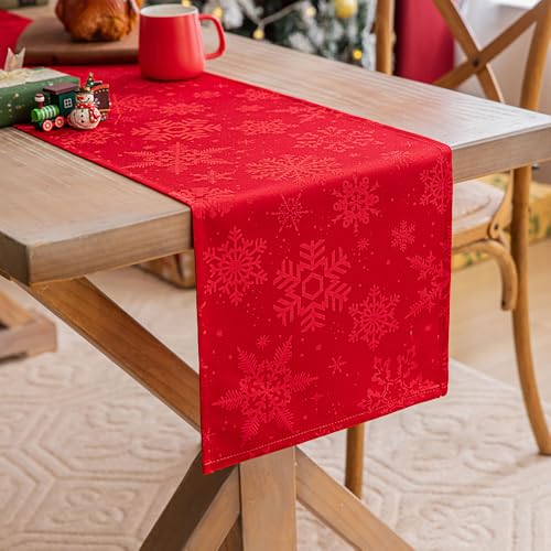 Tischläufer Weihnachten, Weihnachtsdeko Tisch Tischläufer, Weihnachtstischläufer für Tischdeko Weihnachten, Weihnachtsdeko Innen Weihnachts Tischläufer Tischdecke (Rot Schneeflocke, 35 * 180 cm) von TETSMG