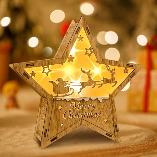 Weihnachtsdeko Stern aus Holz, 20cm Weihnachtsbeleuchtung LED Dekoleuchte Stern Weihnachten Deko Rentier LED Weihnachtsstern Beleuchtung Warmweiß Weihnachtsschmuck Weihnachtsdekoration (Stern) von TETSMG