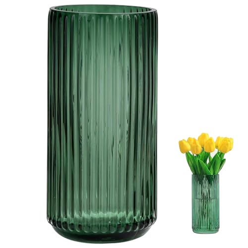 TEUYOE Vasen Glas, 20 cm Gerippte Glasvase,Modern Geriffelte Vase, für Orchideen, Rosen, Tulpen,Wohnzimmer, Esszimmer, Couchtisch, Küche, Büro(Grün) von TEUYOE