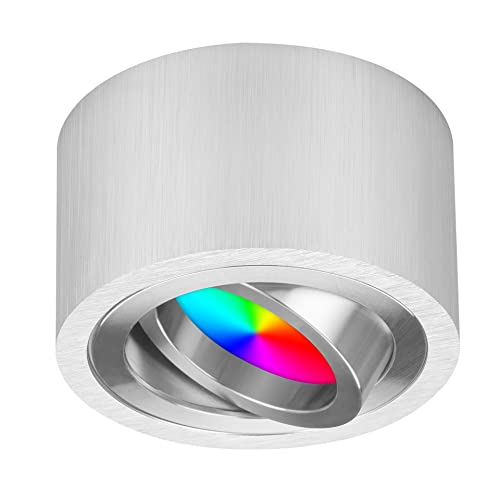 TEVEA LED Smart Flach Aufbauspot | 5W 230V RGBW Dimmbar | LED Modul austauschbar | Aufbauleuchte Farblicht Partyleuchte (Silber-Gebürstet) von TEVEA