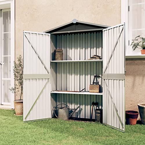 TEWTX7 Gartenschrank Verzinkter Stahl, Ohne Boden, Gerätehaus wetterfest, Geräteschuppen Werkzeugschrank Garten, Schuppen mit Satteldach, Gartenschuppen Geräteschrank 2 Ablageflächen 107,5x46x183 cm von TEWTX7