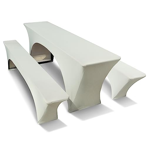 TEXMAXX® Stretch Bierzeltgarnitur 3-teiliges Set - 70 cm x 220 cm in Creme / 2 Bierbank & Biertisch Auflagen für Biertisch und Bierbank von TEXMAXX