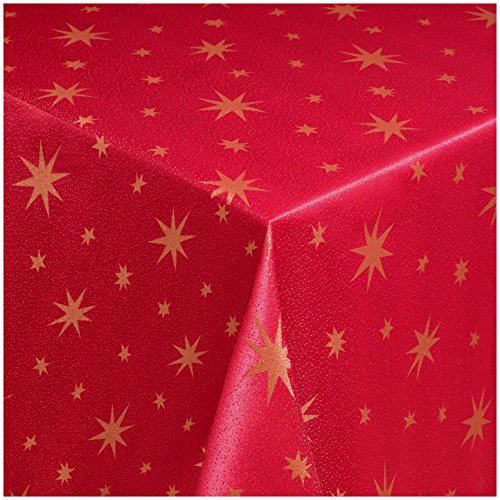 Tischdecke Maßanfertigung Weihnachtstischdecke im Lurex Sterne Design mit Saum, Oval in Rot-Gold - 120x220 cm, weitere Farben, Breiten und Längen sind wählbar von TEXMAXX