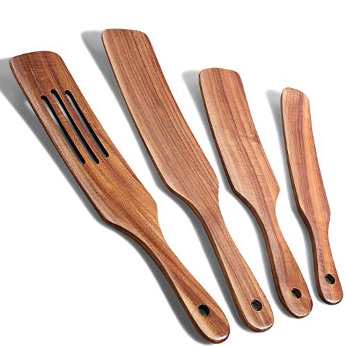 Spurtle Set, Natural Acacia Wooden Kitchen Utensils Set of 4, Wooden Spoons Utensils for Cooking, stirring, Mixing, Serving, spurtles kitchen tools as seen on tv for NonSick Cookware von TEZZ