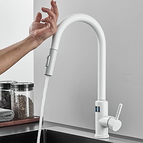 Smart Touched Ausziehbarer Küchenarmatur, digitaler Temperaturanzeigesensor, Küchenmischbatterie, 360-Grad-Drehung mit 2-Funktions-Küchenbrause (weiß) von TEmkin