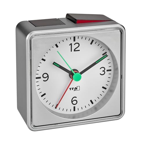 TFA Dostmann Wecker analog mit Licht Push, 60.1013.54, lauter Alarm, geräuschloses Quarz-Uhrwerk, mit Hintergrundbeleuchtung, leuchtende Zeiger, Schlummerfunktion, Reisewecker, silber von TFA Dostmann