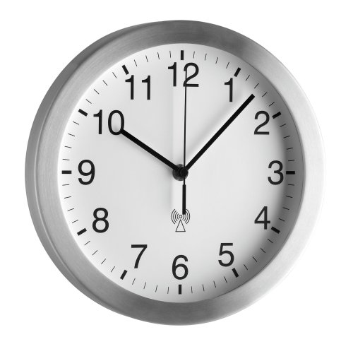 TFA Dostmann Analoge Funk-Wanduhr, 98.1091, mit Aluminium-Rahmen, Funkuhr, Küchenuhr, Schlichtes Design, 25cm Durchmesser, weiß-Silber von TFA Dostmann