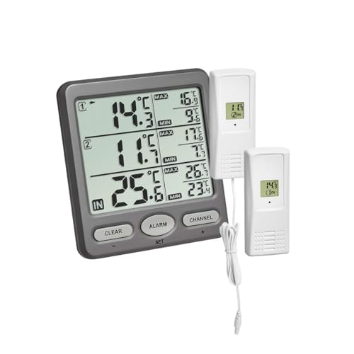 TFA Dostmann Funk-Thermometer Trio – Basisstation + 2 Sender (inkl. wasserdichtem Kabelsensor), 30.3062.10, 100 m Reichweite, Temperaturalarm & Min/Max – für Kühlschrank, Aquarium, Pool, grau von TFA Dostmann