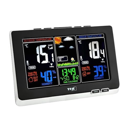 TFA Dostmann Spring Wetterstation, für Innen und Außen, Funk Außensensor misst Luftfeuchtigkeit, Taupunkt, inkl Funkuhr und farbig animiertes Display, L 210 x B 26 (60) x H 140 mm von TFA Dostmann