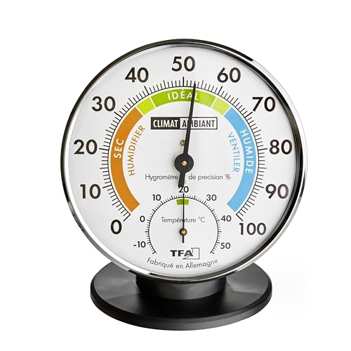 TFA Dostmann 45.2033.FR Präzisions-Thermo-Hygrometer in französischer Sprache, zur Raumklimakontrolle, Analog, Temperatur-/Feuchtigkeitskontrolle, silber/schwarz von TFA Dostmann