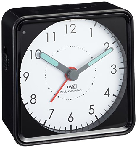 TFA Dostmann Analoger Funk-Wecker Picco, 60.1510.01, Funkuhr, leises Uhrwerk, klein und handlich Kunststoff, Schwarz, L 75 x B 31 (30) x H 75 (74) mm von TFA Dostmann