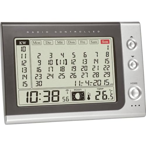 TFA Dostmann Funk Wecker mit Monatskalender, 60.2529.54, Anzeige der Innentemperatur/Mondphase, 18,2 x 6,1 x 15,8 cm, grau, Kunststoff von TFA Dostmann