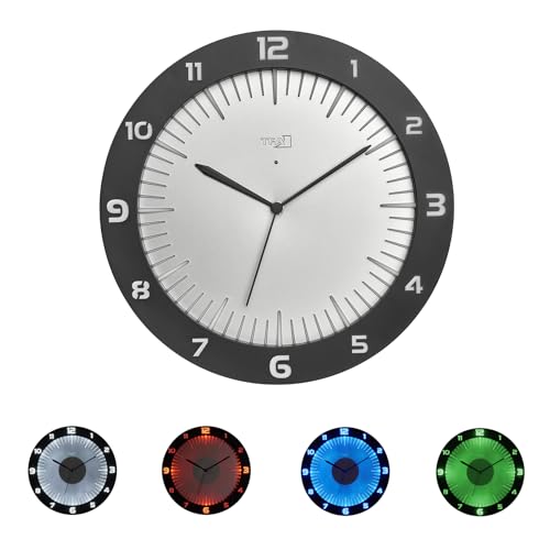 TFA Dostmann Analoge Leuchtende Wanduhr mit LED Lumoclock, 60.3553, inkl 9 Farbvarianten, Gaming Accessoires, Wand-Dekoration Bar, Nachtuhr, Leuchtuhr, inkl. Funk-Wanduhr, mit 3-D Ziffern, 30cm, grau von TFA Dostmann