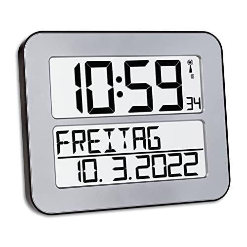 TFA Dostmann TimeLine Max Funk-Wanduhr, 60.4512.54, digital, übersichtliche Funkuhr, Seniorenuhr, Demenzuhr, mit ausgeschriebenem Wochentag & Datum, mit Weckfunktion, 25,8 x 3 x 21,2 cm, silber von TFA Dostmann