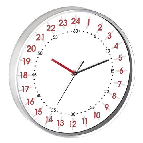 TFA Dostmann Analoge Wanduhr 24 Stunden Anzeige, 60.3069.02, mit roten Stunden- und schwarzen Minutenziffern, Aluminium Rahmen, Glas Abdeckung, weiß von TFA Dostmann