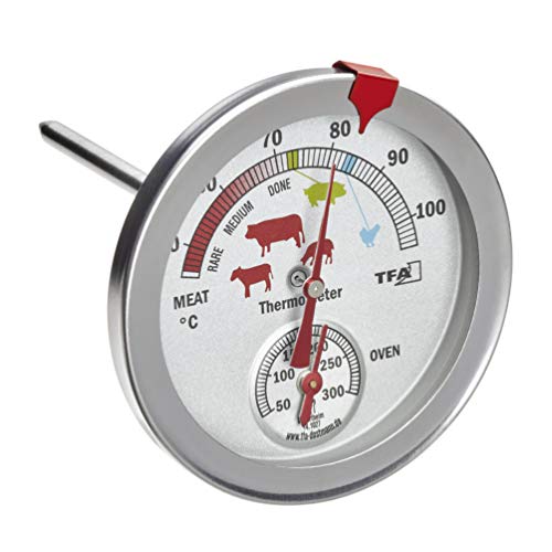 TFA Dostmann 141027 Analoges Braten-/ Ofenthermometer 14.1027, aus Edelstahl, hitzebeständig, mit verschiedenen Garstufen, zur Kerntemperaturmessung, Silber, Ø 74 x H 115 mm von TFA Dostmann