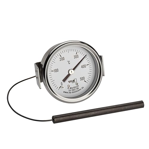 TFA Dostmann Analoges Edelstahl Thermometer bis 500°C, 14.1037, für den Pizzaofen, Steinbackofen, Holzbackofen oder Grill/Smoker geeignet, mit Kabelfühler, Ersatzteil oder Zubehör, silber von TFA Dostmann